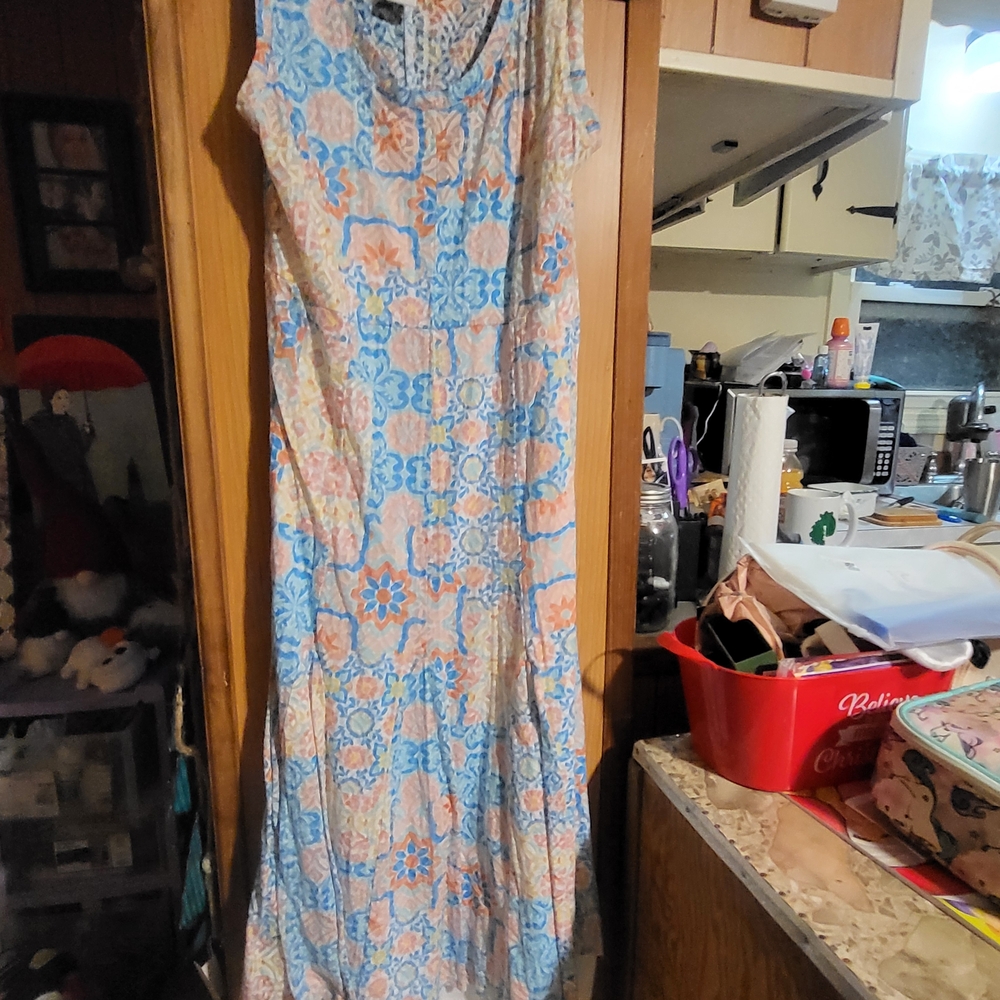 Ruby Rd. Blue and Peach Floral Asymmetrical Maxi Dress